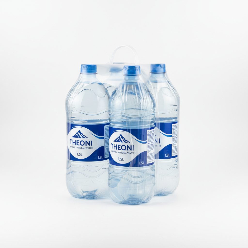 Six pack of Theoni natural mineral water 1.5L bottles on white background
