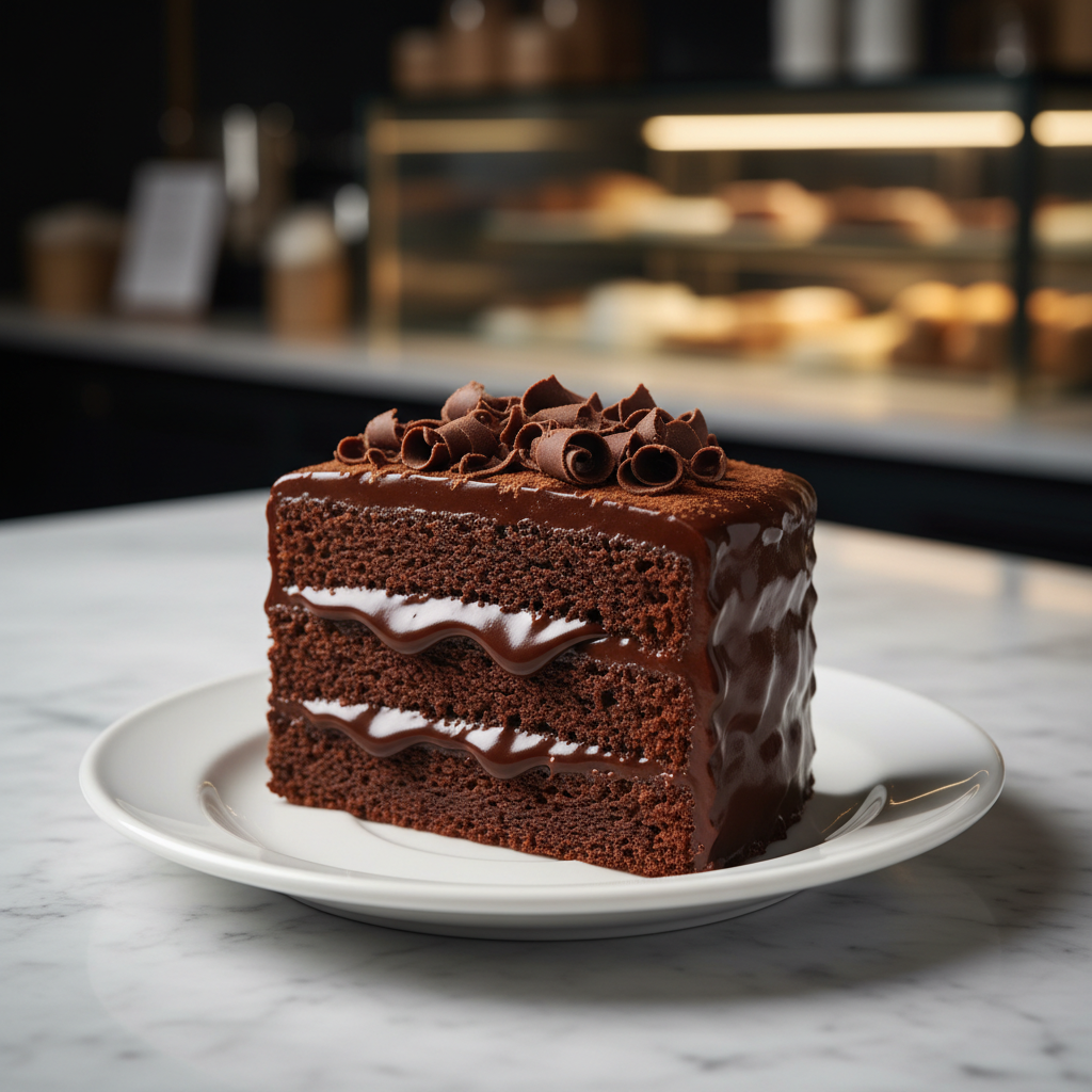 Decadent chocolate cake slice with dark chocolate ganache and cocoa dusting