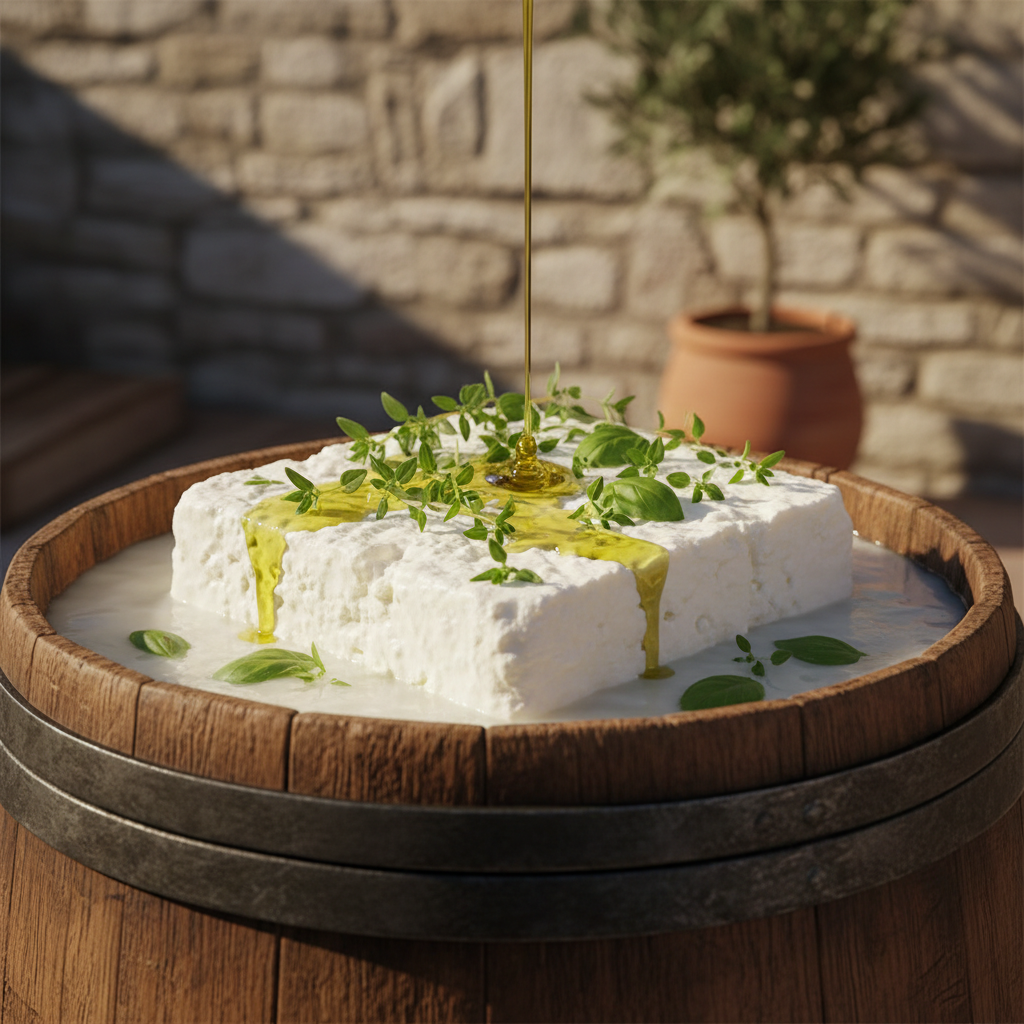 Traditional Greek barrel-aged feta cheese in a rustic wooden barrel with brine and herbs