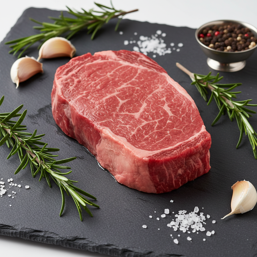 Premium beef tenderloin fillet on a dark slate board with rosemary and sea salt