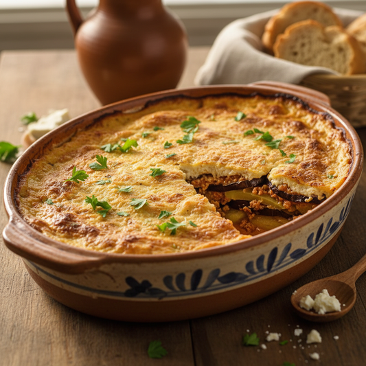 Traditional Greek moussaka in a ceramic baking dish with golden bechamel topping