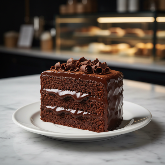 Decadent chocolate cake slice with dark chocolate ganache and cocoa dusting