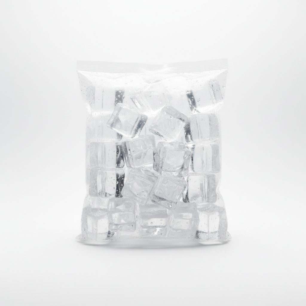 Crystal clear ice cubes in a transparent bag on white background