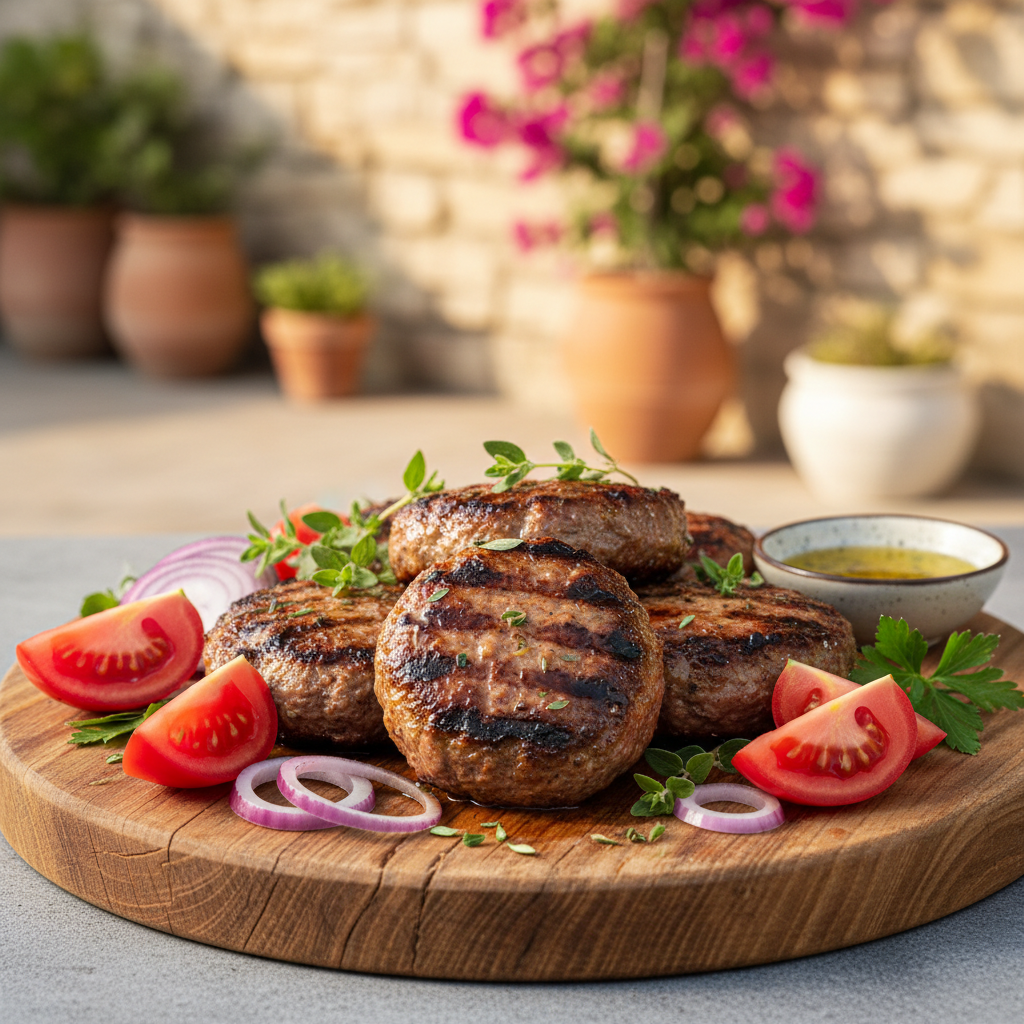 Greek beef burgers biftekia grilled on a wooden board with tomatoes and herbs