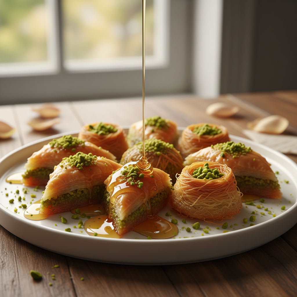 Assorted Greek syrup pastries with baklava and kataifi on a white ceramic plate