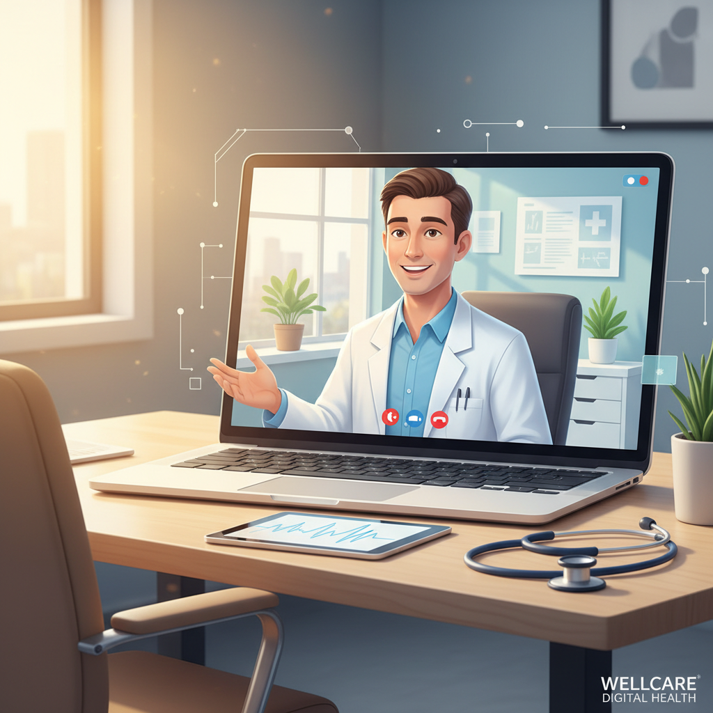 Online doctor video call consultation on a laptop screen with stethoscope on desk