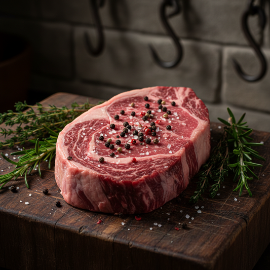 Premium beef ribeye steak on a dark wooden board with herbs and sea salt
