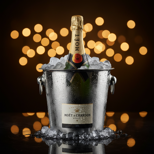 Moet & Chandon Brut Champagne bottle in an ice bucket with golden bokeh lights
